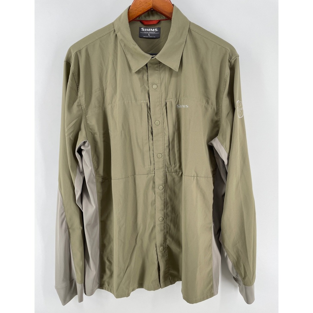 Simms Fishing Shirt Mens Large Tan Long Sleeve Snap Front Utility *Sleeve‎ Logo*
